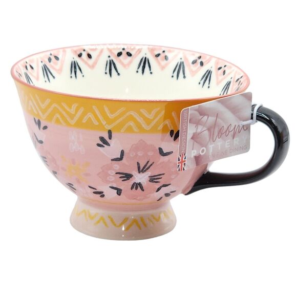 Bloom Pottery Set of 2 Pedestal Ceramic Tea Cups Coffee Mug Hand-Painted Floral - Picture 14 of 16